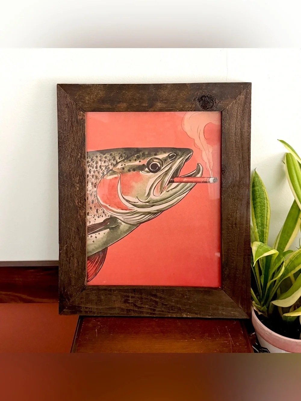 Trout Fish Smoking a Cigarette Vintage Style Canvas Wall Art Print Wood Framed